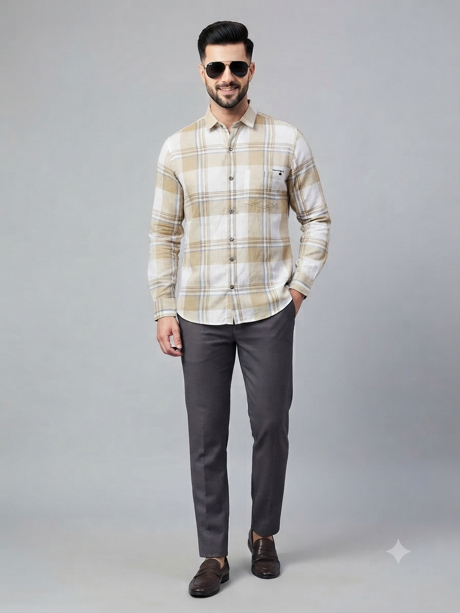 Soft Beige & Warm Yellow Checked Shirt - Image 2