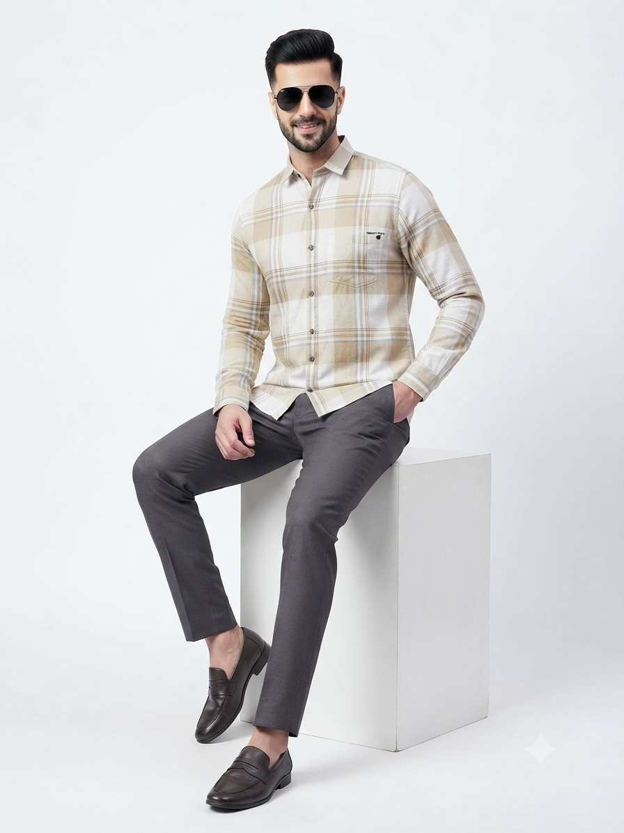 Soft Beige & Warm Yellow Checked Shirt
