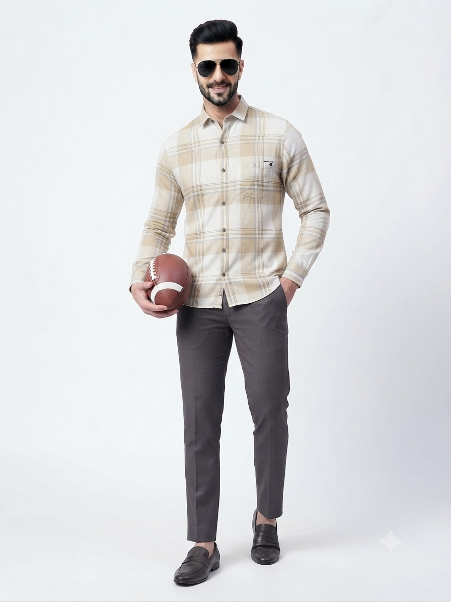 Soft Beige & Warm Yellow Checked Shirt - Image 4
