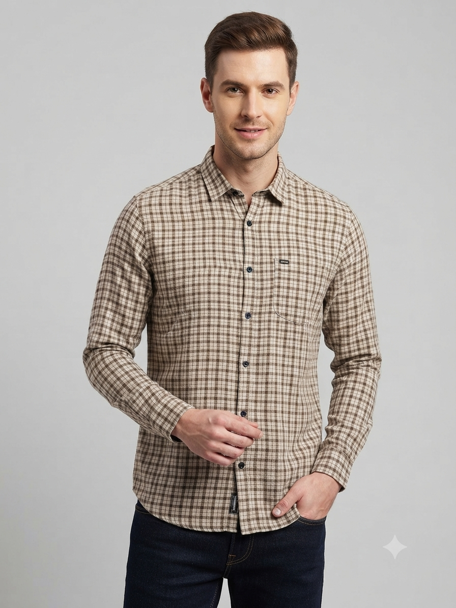 Warm Beige & Tan Plaid Grid Checked Shirt - Image 3