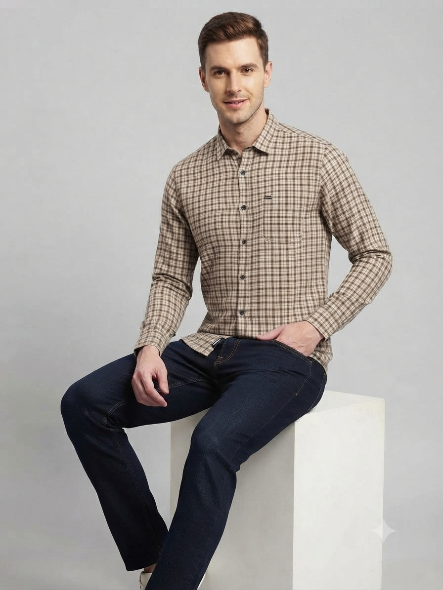 Warm Beige & Tan Plaid Grid Checked Shirt - Image 2