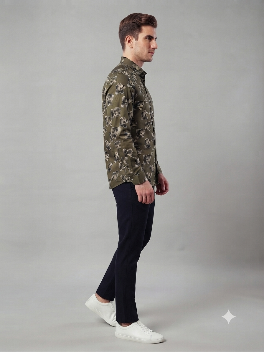 Olive Green Floral Printed Shirt - Image 5