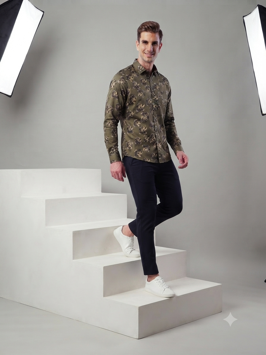 Olive Green Floral Printed Shirt - Image 2