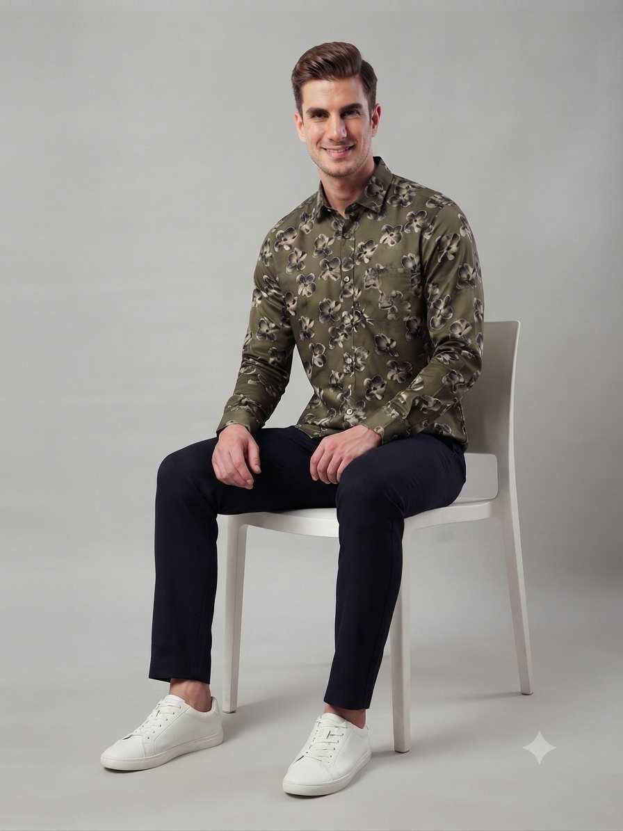 Olive Green Floral Printed Shirt