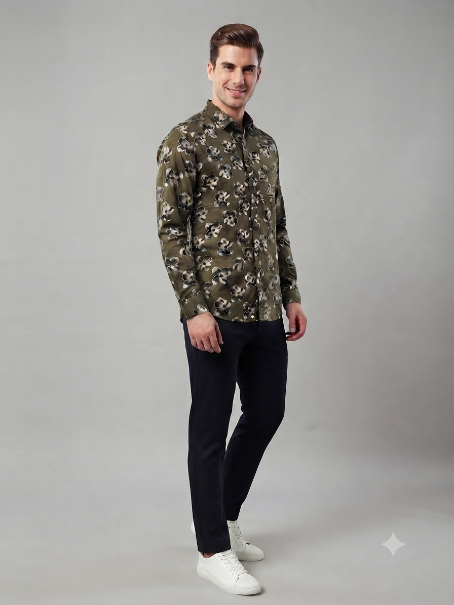 Olive Green Floral Printed Shirt - Image 3