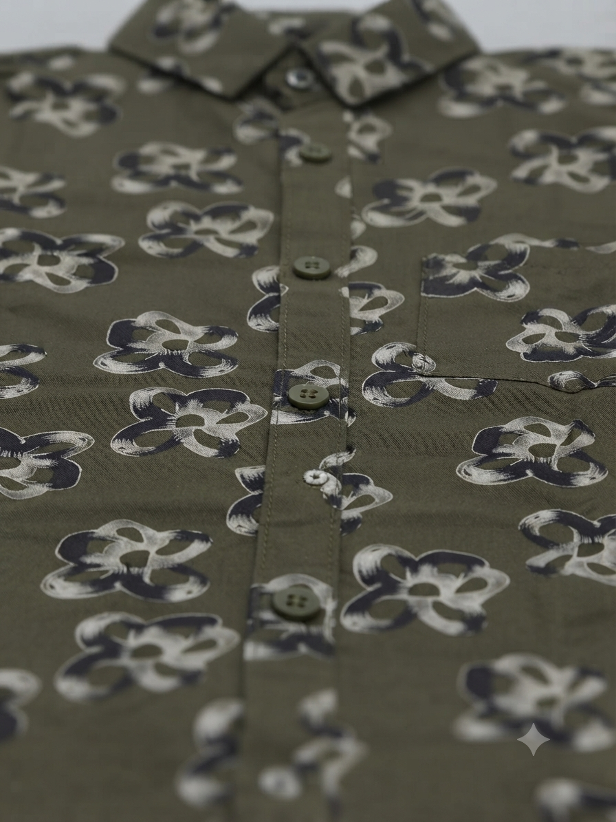 Olive Green Floral Printed Shirt - Image 7