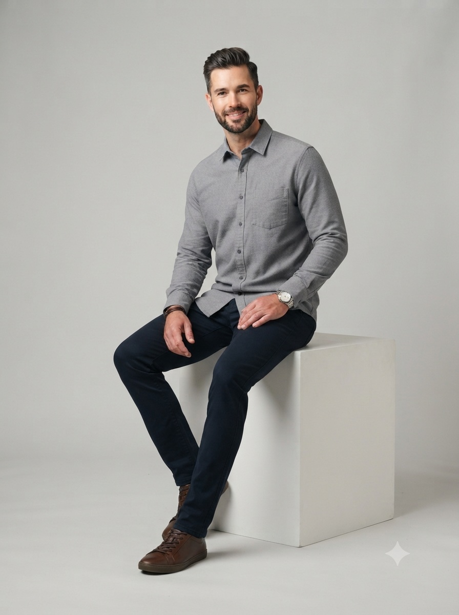 Men's Light Grey Solid Cotton Shirt - Image 5